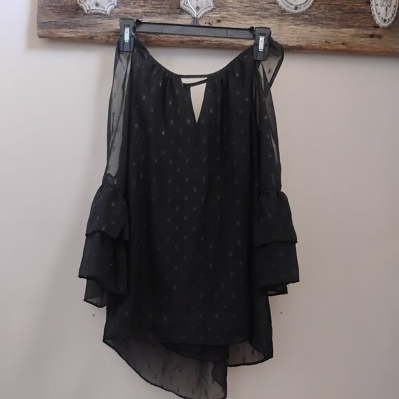 Byer M Black Sheer Chiffon Blouse Metallic Dot Pattern Open Shoulder Tiered Bell - Picture 10 of 10